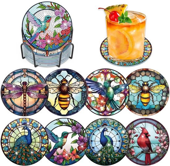 Pannelli di Diamond Painting da 8 pezzi con supporto e contenitore, figure di animali in Diamond Art, disegni di Diamond Painting per adulti e bambini, pannelli di Diamond Cup con cuscino di gomma, attività di knitting per adulti donne