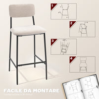 Set 2 Sgabelli da Bar con Schienale Alto Poggiapiedi e Rivestimento in Ciniglia Crema