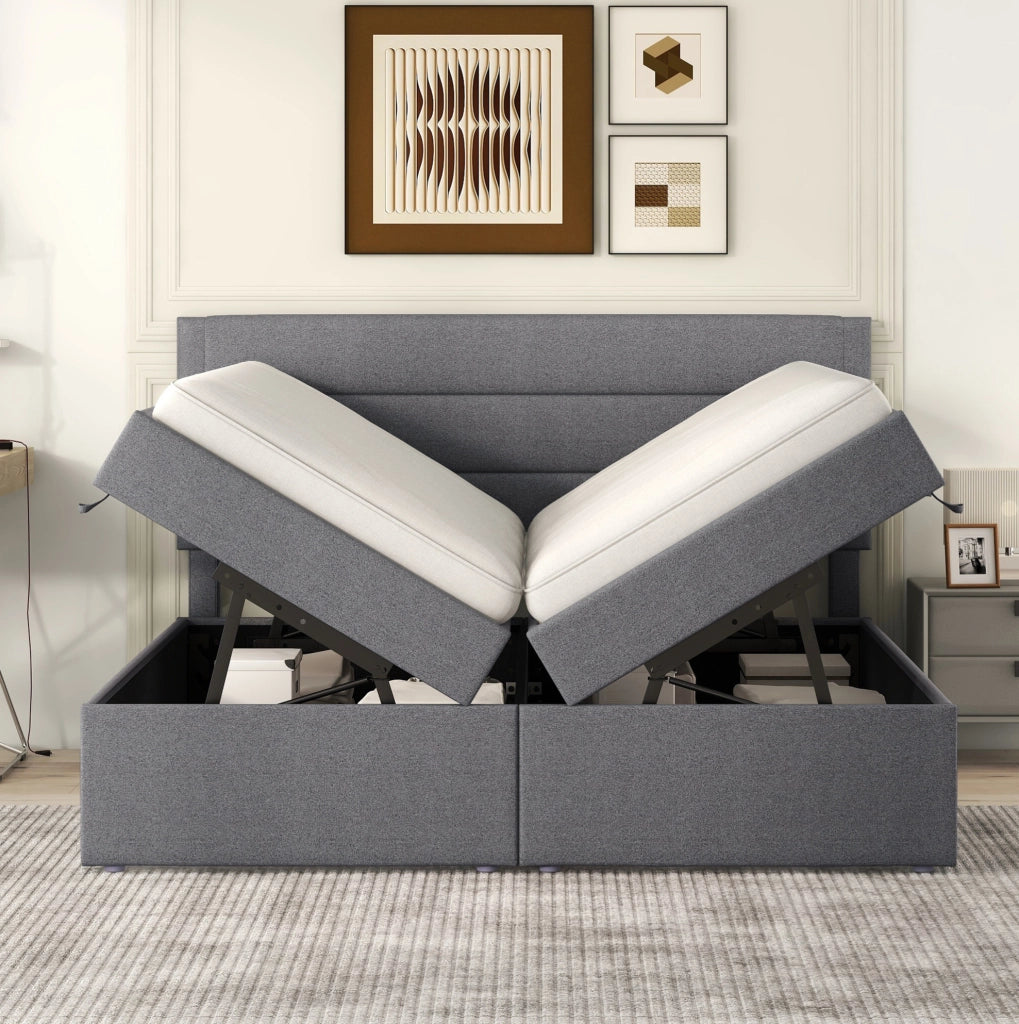 Letto 140x200 cm con contenitore e apertura bilaterale in legno; MDF; metallo e lino
