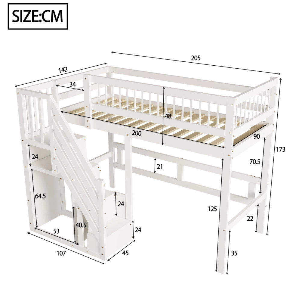 Letto singolo 90x200 cm in legno bianco con scala contenitore e sponde alte