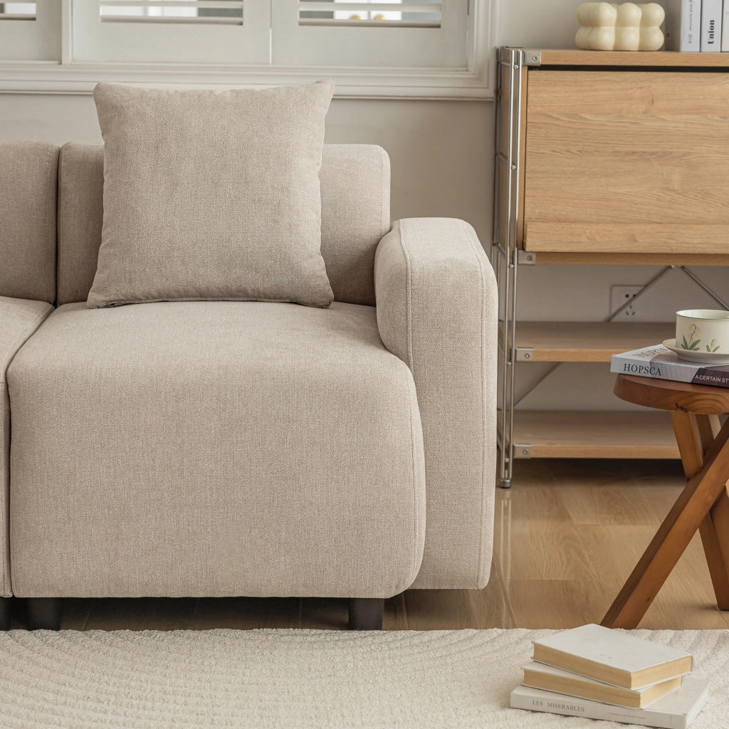 OKWISH Divano Lineare 3 Posti, Seduta Ampia con Schienale Alto e 2 Cuscini, Ciniglia Beige, 211 x 67 x 71 cm
