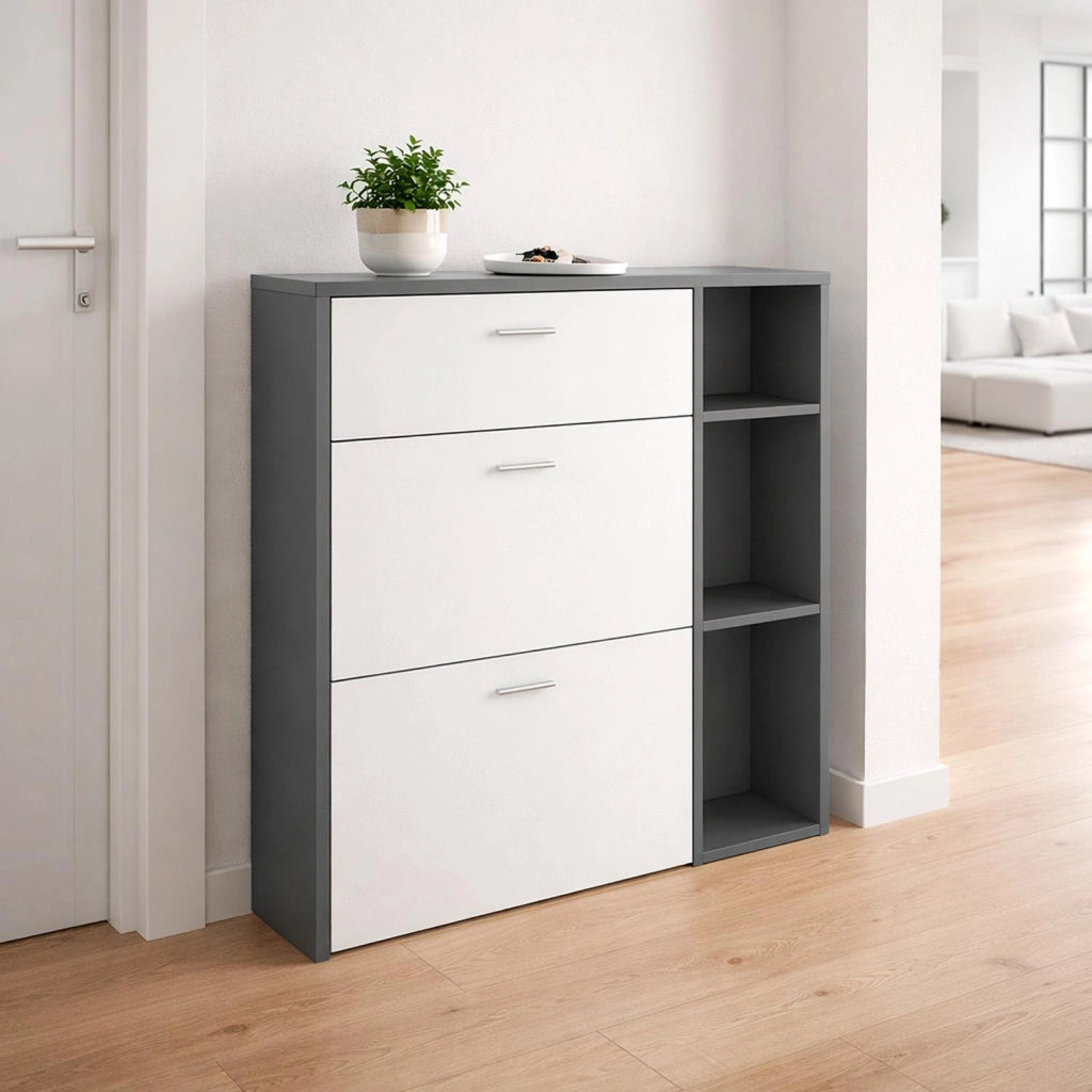 Scarpiera Mobile Portascarpe Salvaspazio Per Ingresso Con 2 Ribalte Doppia Profondità 1 Cassetto 3 Vani A Giorno Design Moderno Corridoio Sala 90 X 101.5 X 26 Cm Bianco E Grafite