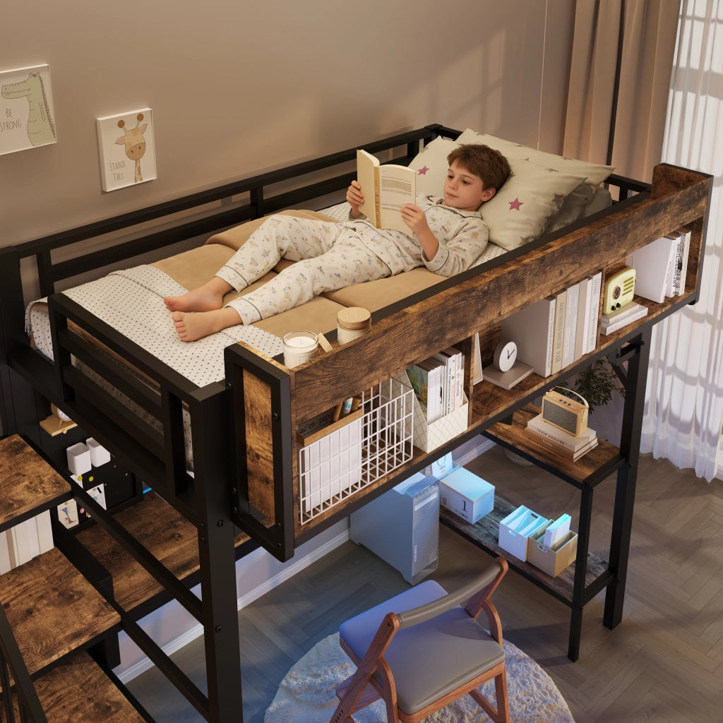 Letto a soppalco vintage con scrivania ad angolo, USB-C e LED, 140x200 cm