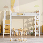 Letto a soppalco 90x200 cm in metallo, con scala, armadietto, ripiani e barriera di sicurezza, bianco
