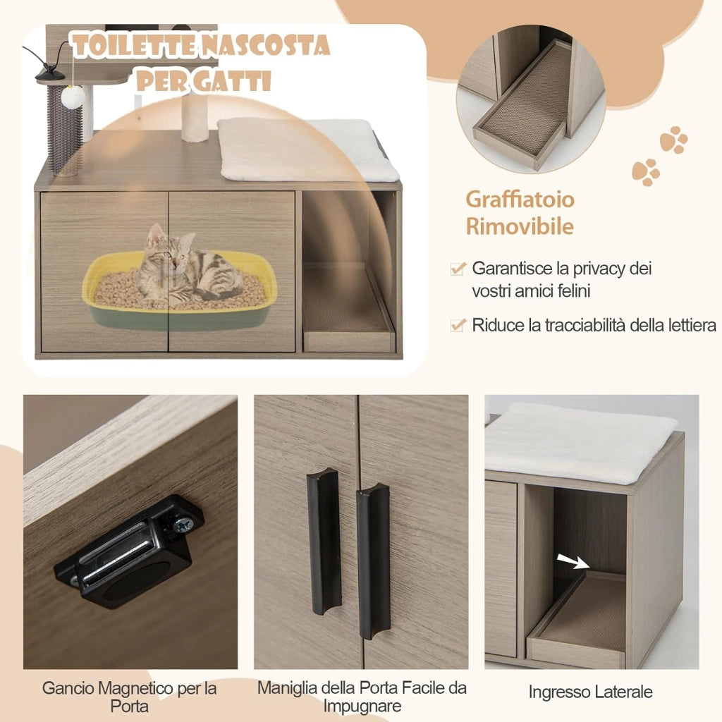 Albero per Gatti con Mobile per Lettiera, Torre per Gatti Moderna 2-in-1 con Cuccia, Piattaforma Superiore, Tiragraffi, Piattaforme Multiple e Palline