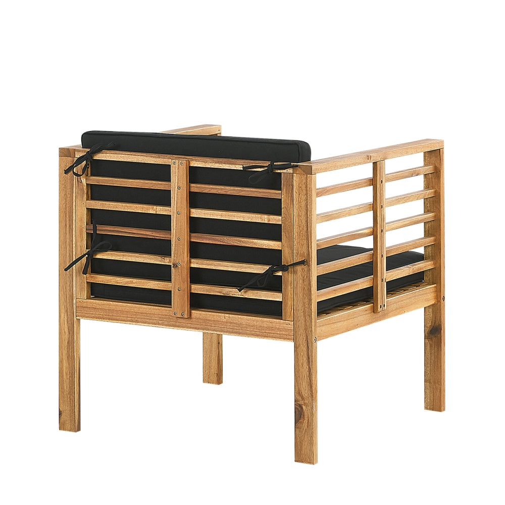 Set Conversazione Giardino Legno Acacia Cuscini Neri Moderno Esterno 4 Posti con Tavolino