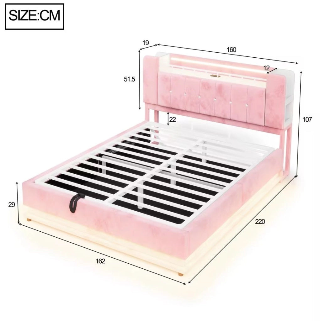Letto imbottito 160x200 cm con LED; USB; contenitore idraulico e rivestimento in velluto rosa