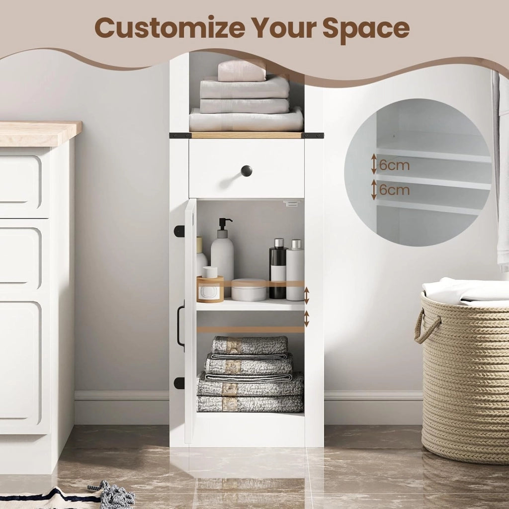 Mobile bagno, colonna bagno con cassetto scorrevole, ripiano regolabile e 3 scomparti aperti, armadio portaoggetti stretto per soggiorno, lavanderia, cucina, bianco