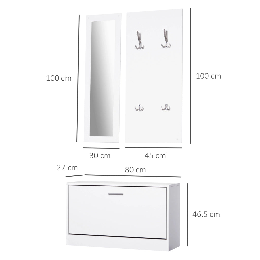 Set di Mobili per Ingresso 3 Pezzi Scarpiera Specchio Appendiabiti con Ganci ¨C Zephmum ¨C 80x27x46,5cm Bianco