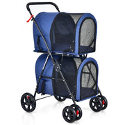 Passeggino pieghevole per animali a doppio livello con 4 ruote, Passeggino 4 in 1 per cani e gatti Blu-Giochi e accessori per cani