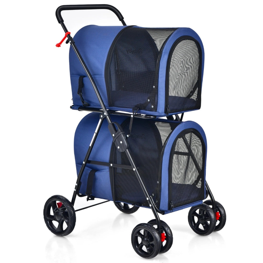 Passeggino pieghevole per animali a doppio livello con 4 ruote, Passeggino 4 in 1 per cani e gatti Blu-Giochi e accessori per cani