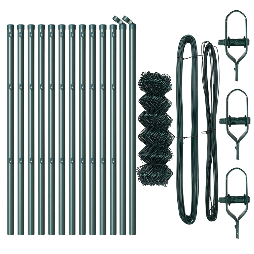 Recinzione a catena con 13 pali 0,4x25 m in acciaio galvanizzato verde