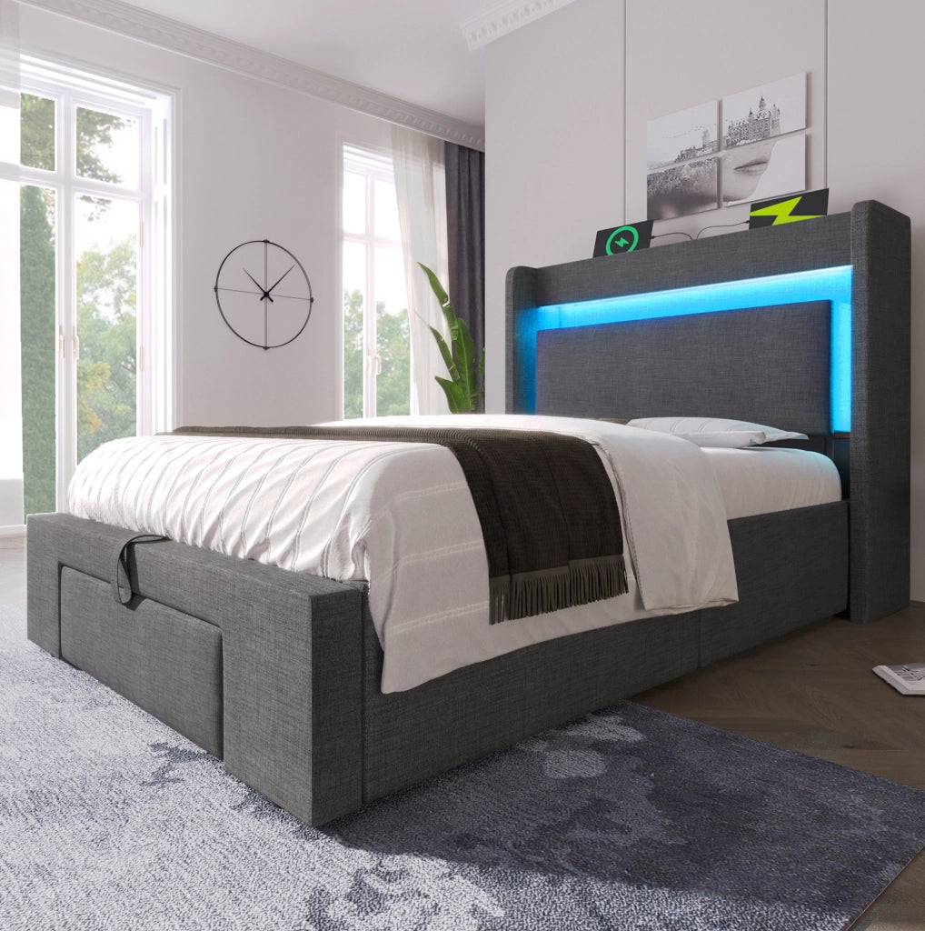 Letto singolo 90x200 cm con contenitore idraulico; LED; USB e USB-C; grigio