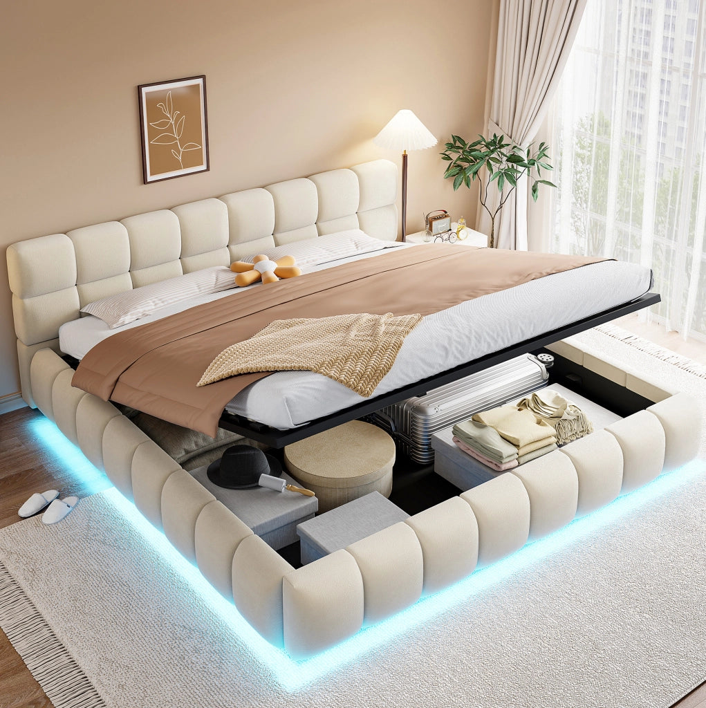Letto imbottito 180x200 cm in velluto beige con LED e contenitore idraulico