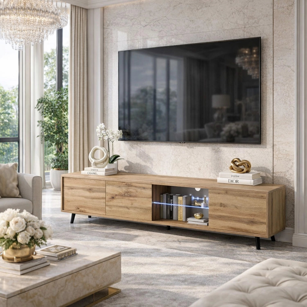 Porta Televisore Con 3 Ante Battenti Vano Centrale Con Ripiano In Vetro E LED Mobile TV In Melaminico Con Piedini In Metallo Per Soggiorno Salotto Zona Living 175 X 40 X 31.5 Cm Rovere