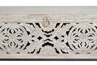 Cassapanca in massello di mango intagliato e piedi in metallo