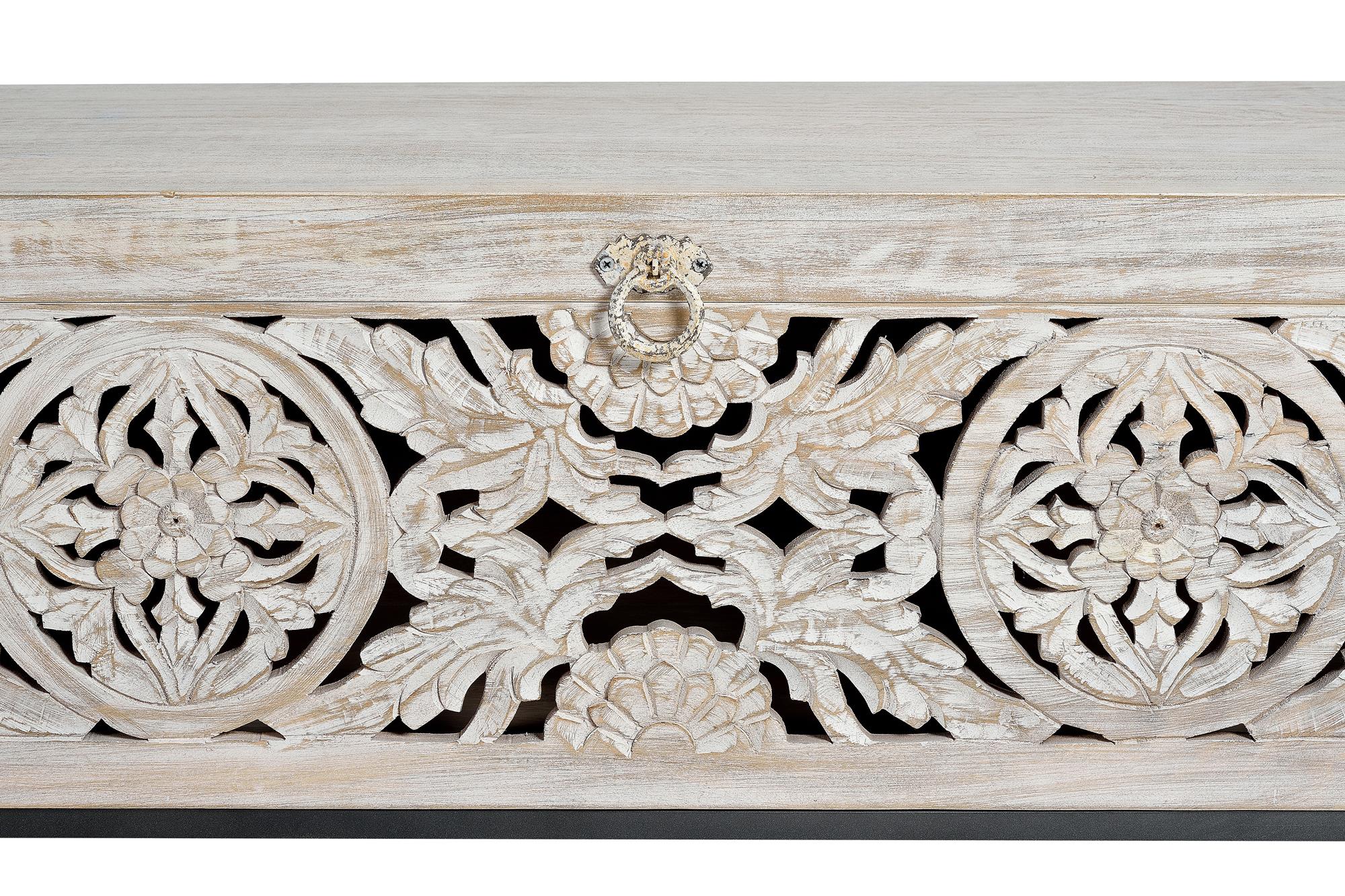 Cassapanca in massello di mango intagliato e piedi in metallo