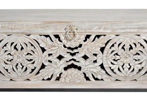 Cassapanca in massello di mango intagliato e piedi in metallo