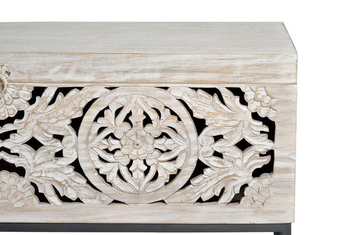 Cassapanca in massello di mango intagliato e piedi in metallo