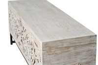 Cassapanca in massello di mango intagliato e piedi in metallo