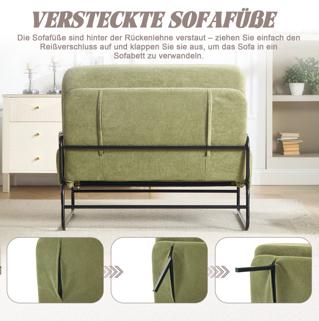 Divano letto a 2 posti convertibile in chenille verde oliva con struttura in metallo; 104x85x92 cm