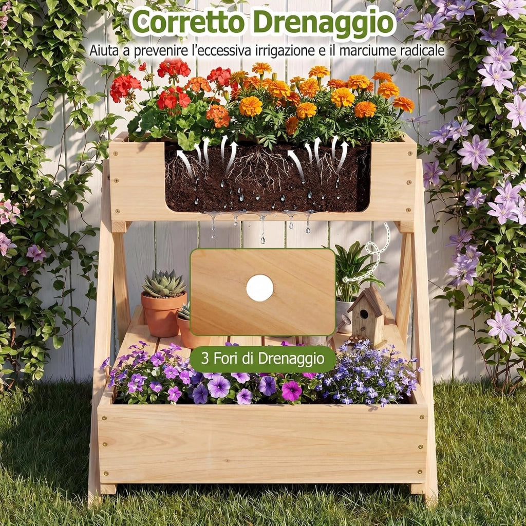 Fioriera Rialzata in Legno, Orto Rialzato da Giardino con 3 Vasi, Ripiano Aperto e Fori di Drenaggio, Fioriere Verticali da Esterno a Forma di A per Cortile e Balcone, 66 x 58 x 60 cm