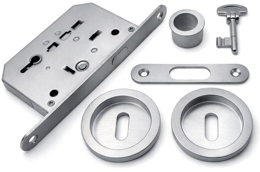 KIT SERRATURA TONDO CON CHIAVE PER PORTE SCORREVOLI col. Cromo satinato