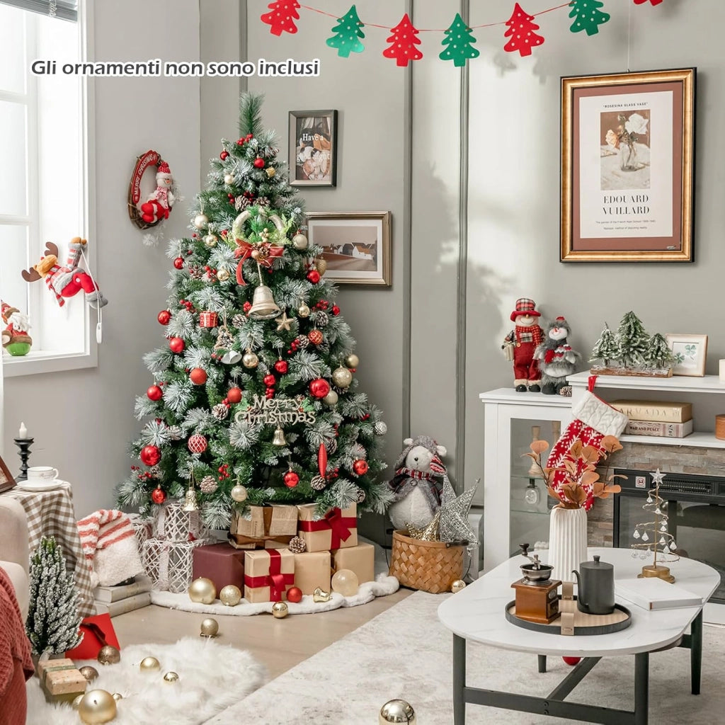 Albero di Natale Innevato 185/215 cm Pre-Illuminato e Incernierato, con 747/1116 Punte, 350/400 Luci LED, 55/70 Pigne, 55/70 Bacche Rosse e 11 Modalità di Illuminazione (185 cm)