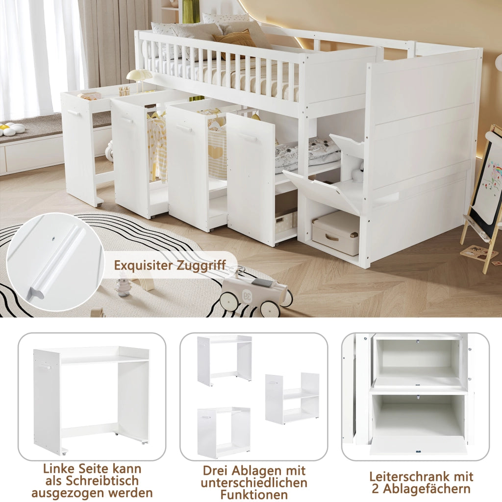 DESMIU Letto a castello 90 × 200 cm 2 posti con scrivania, armadio e vani, senza materasso, bianco