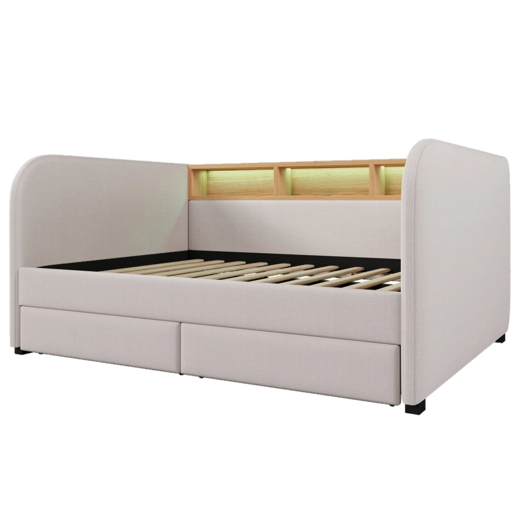 Letto combinato 140 × 190 cm con LED regolabile, USB, Type-C, 2 cassetti e testiera contenitore, senza materasso