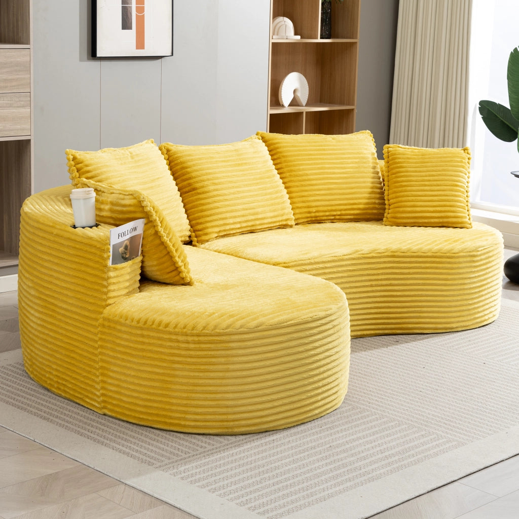 DIVANO ad arco 250x152x82 cm in velluto a coste giallo senape con portabicchieri