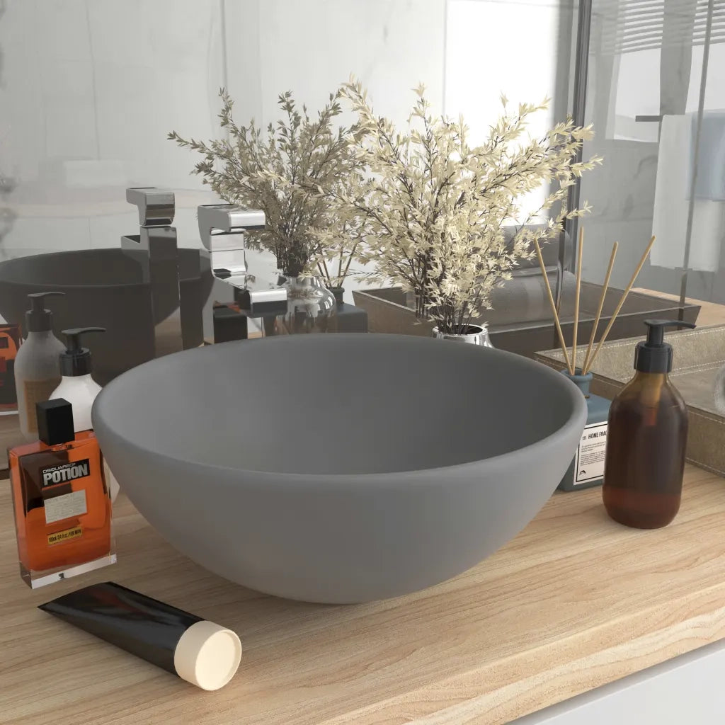 Lavandino Lusso-Lavabo-Lavello Rotondo Grigio Chiaro Opaco 32,5x14 cm Ceramica