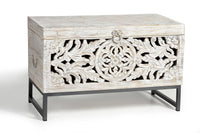 Bauletto in massello di mango intagliato a mano, base di metallo