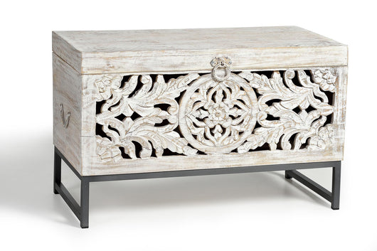 Bauletto in massello di mango intagliato a mano, base di metallo