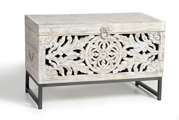 Bauletto in massello di mango intagliato a mano, base di metallo