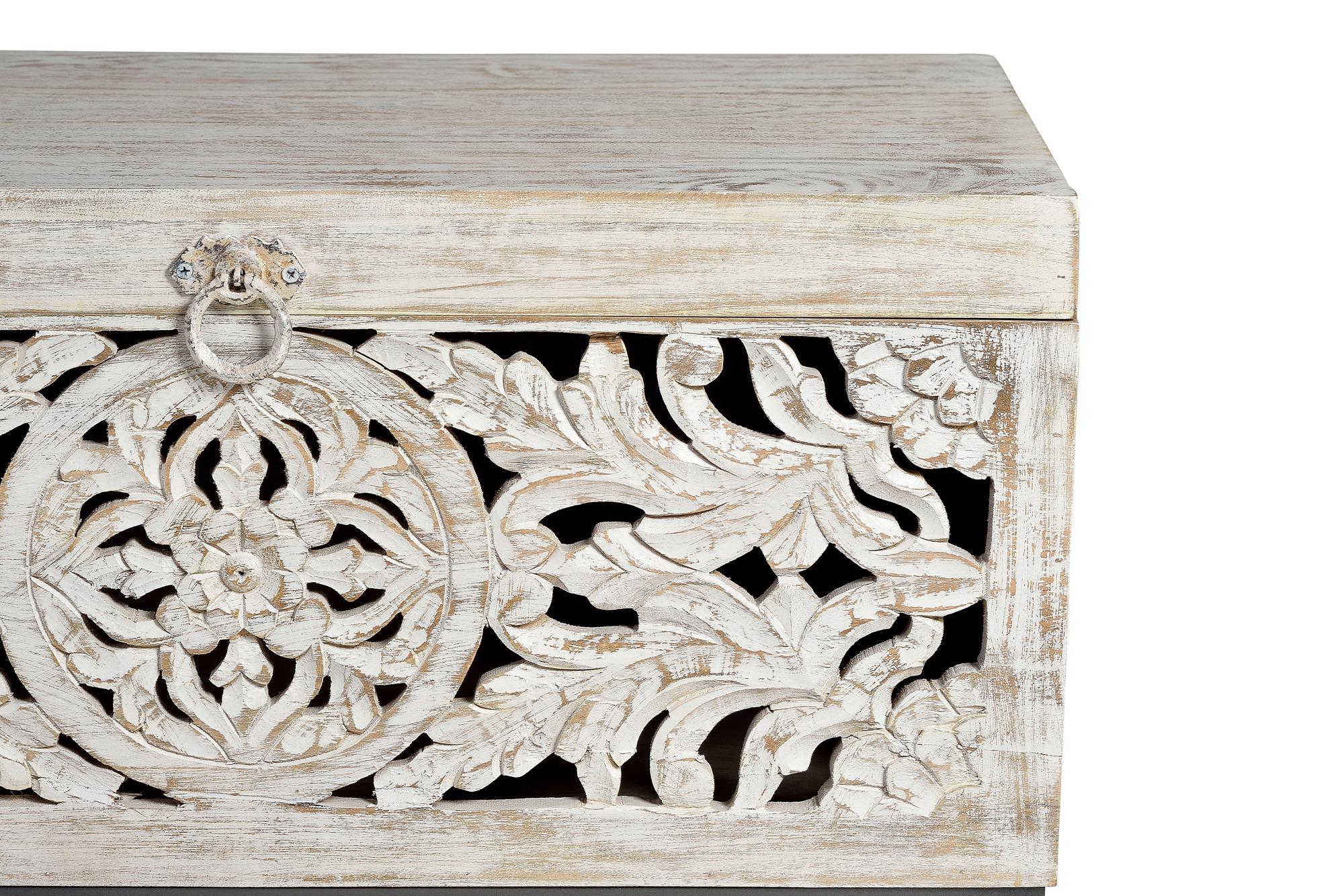 Bauletto in massello di mango intagliato a mano, base di metallo