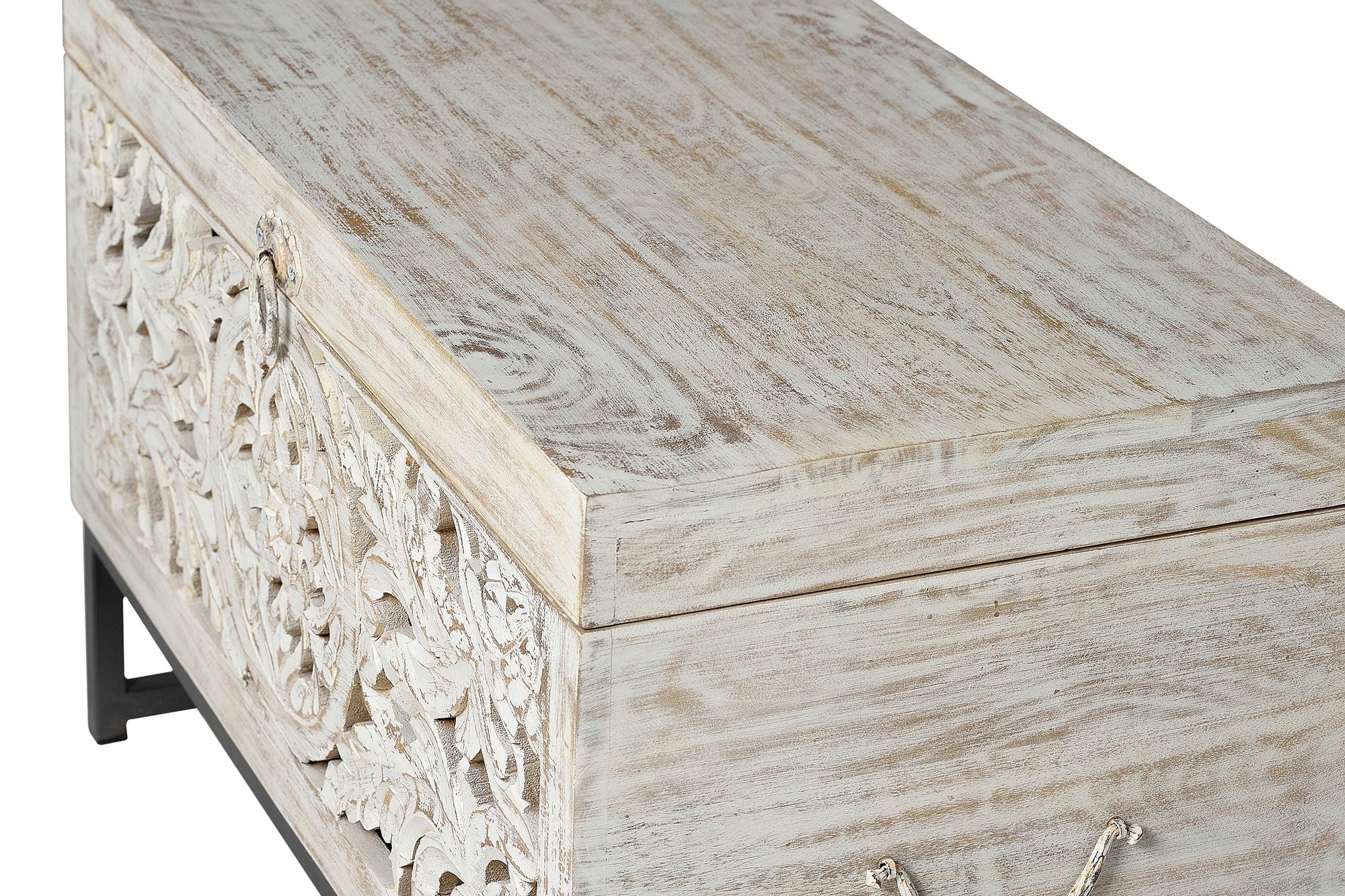 Bauletto in massello di mango intagliato a mano, base di metallo