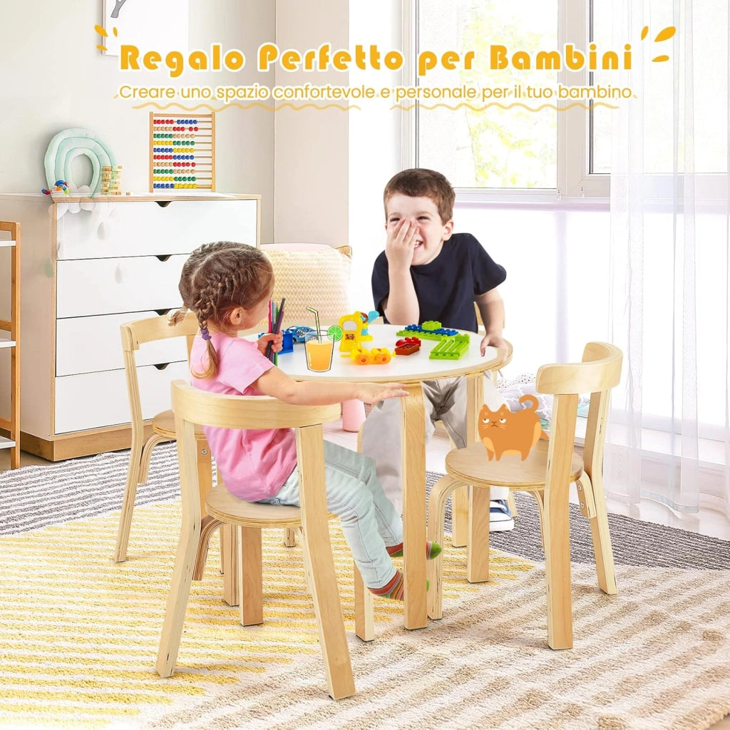 Set Tavolo e Sedie per Bambini, con Schienale Curvo in Legno, Tavolo Attività per Bambini con 4 Sedie, Capacità di Peso 25kg, 4+ Anni (naturale)