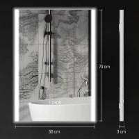 Specchio da Bagno con Luce LED a 3 Colori e Funzione Memory, in Vetro Temperato, 70x50x3 cm, Argento