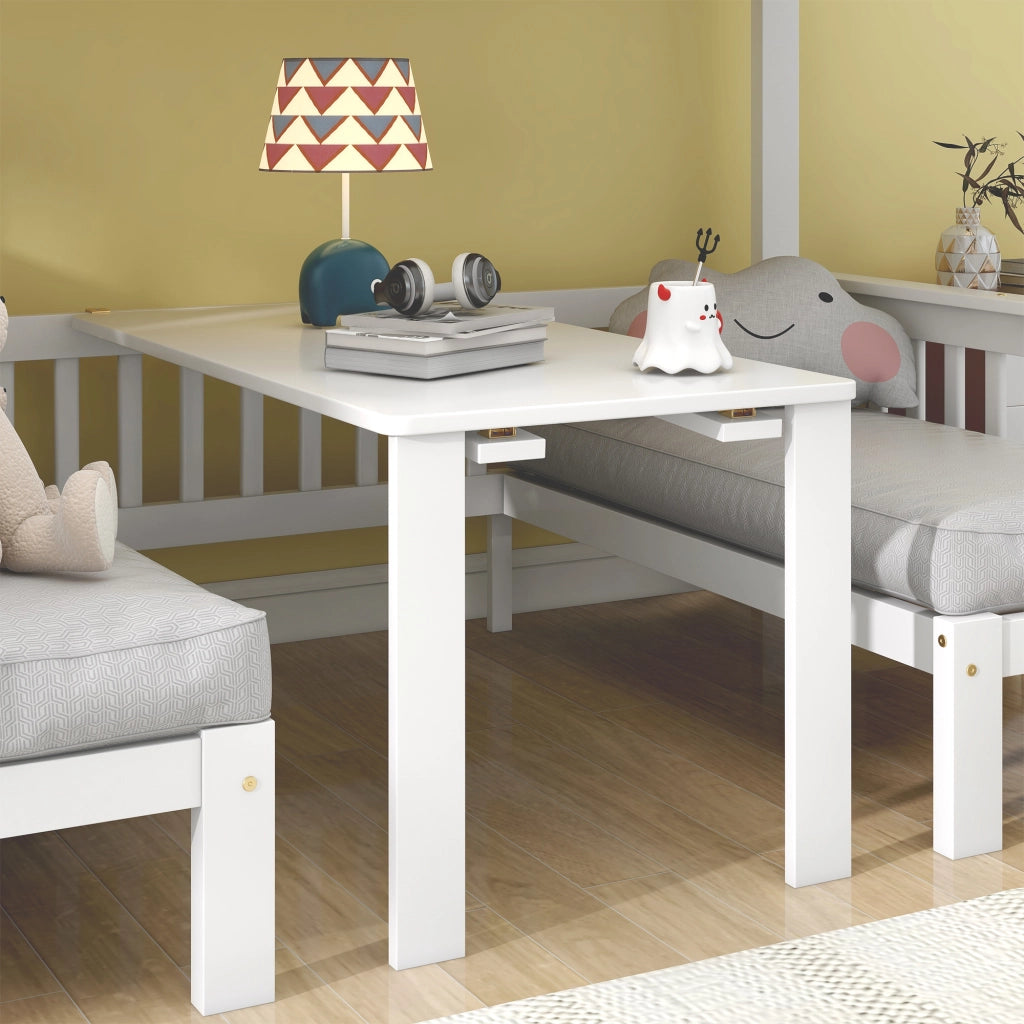 OKWISH Letto a Castello 90×200 cm e 120×200 cm, Letto 3 Posti con Scala Contenitore, Scrivania Ribaltabile e Sponda, senza Materasso, Bianco
