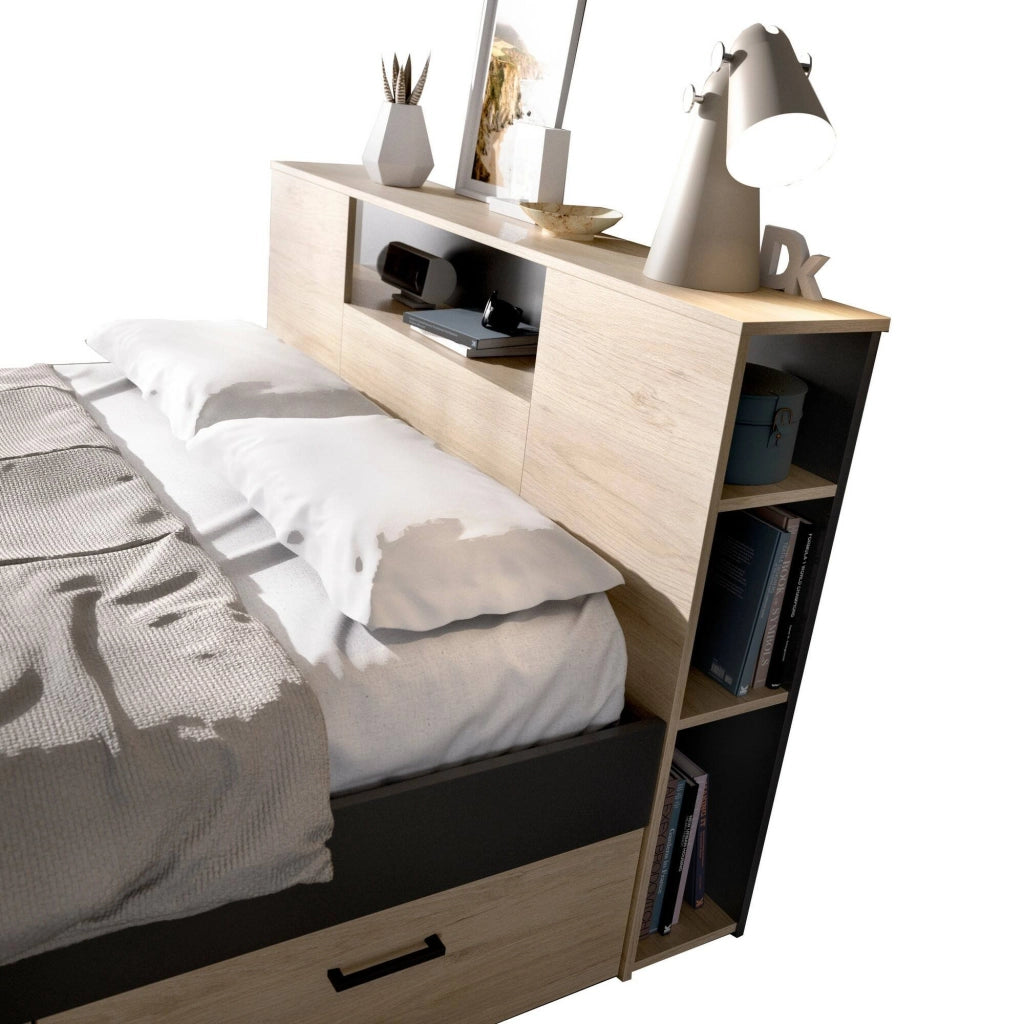 Letto alla francese Conching, Sommier per camera da letto, Giroletto per stanza, Struttura porta materasso, 150x219 h95 cm, Antracite e Rovere