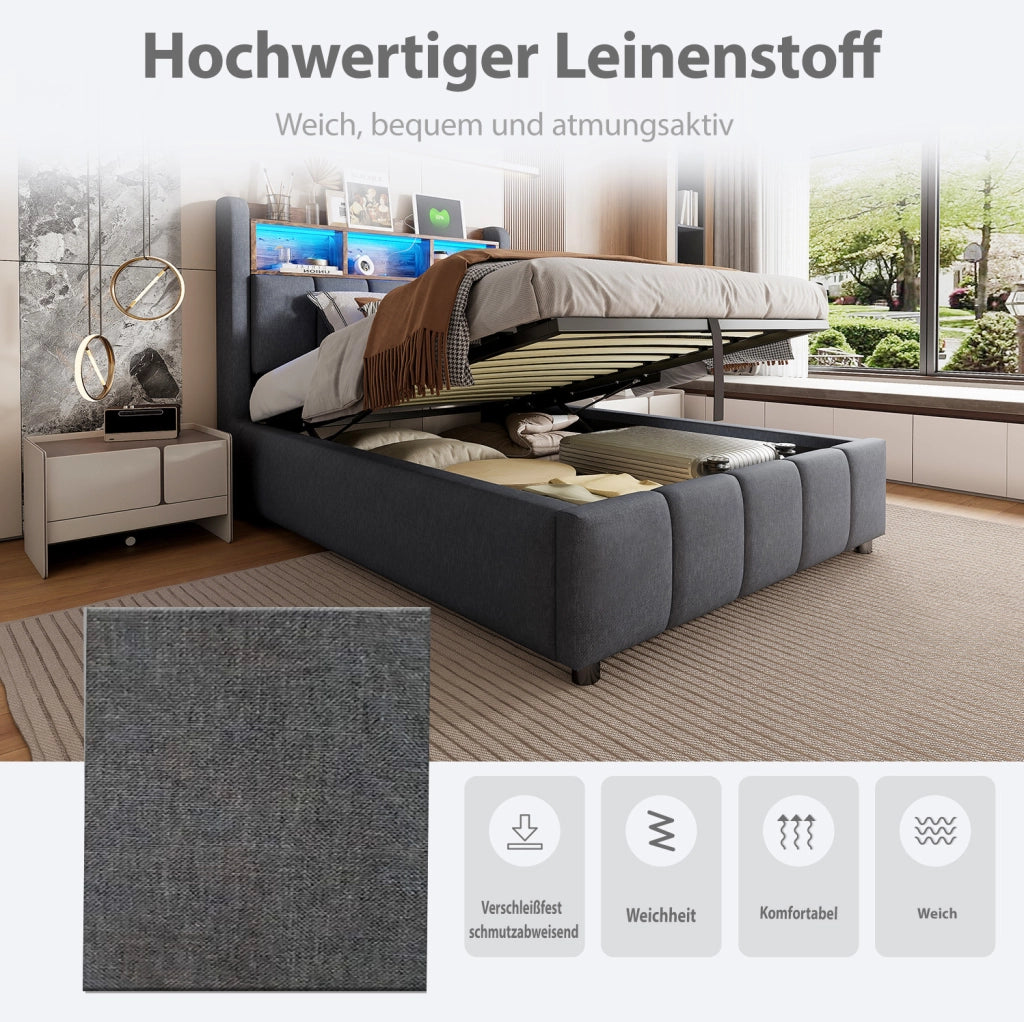 Letto imbottito 90x200 cm con LED; USB e vano contenitore; grigio