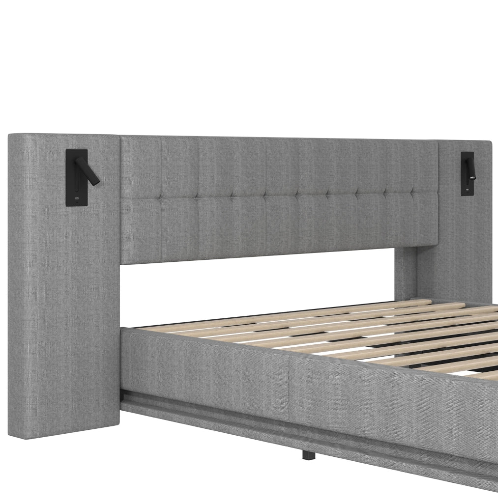 Letto imbottito 180x200 cm con LED; spot e USB in lino grigio