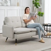 Divano 2 Posti in Tessuto Effetto Lino con Gambe in Acciaio e Cuscini Imbottiti, 139x68x80 cm, Bianco Crema
