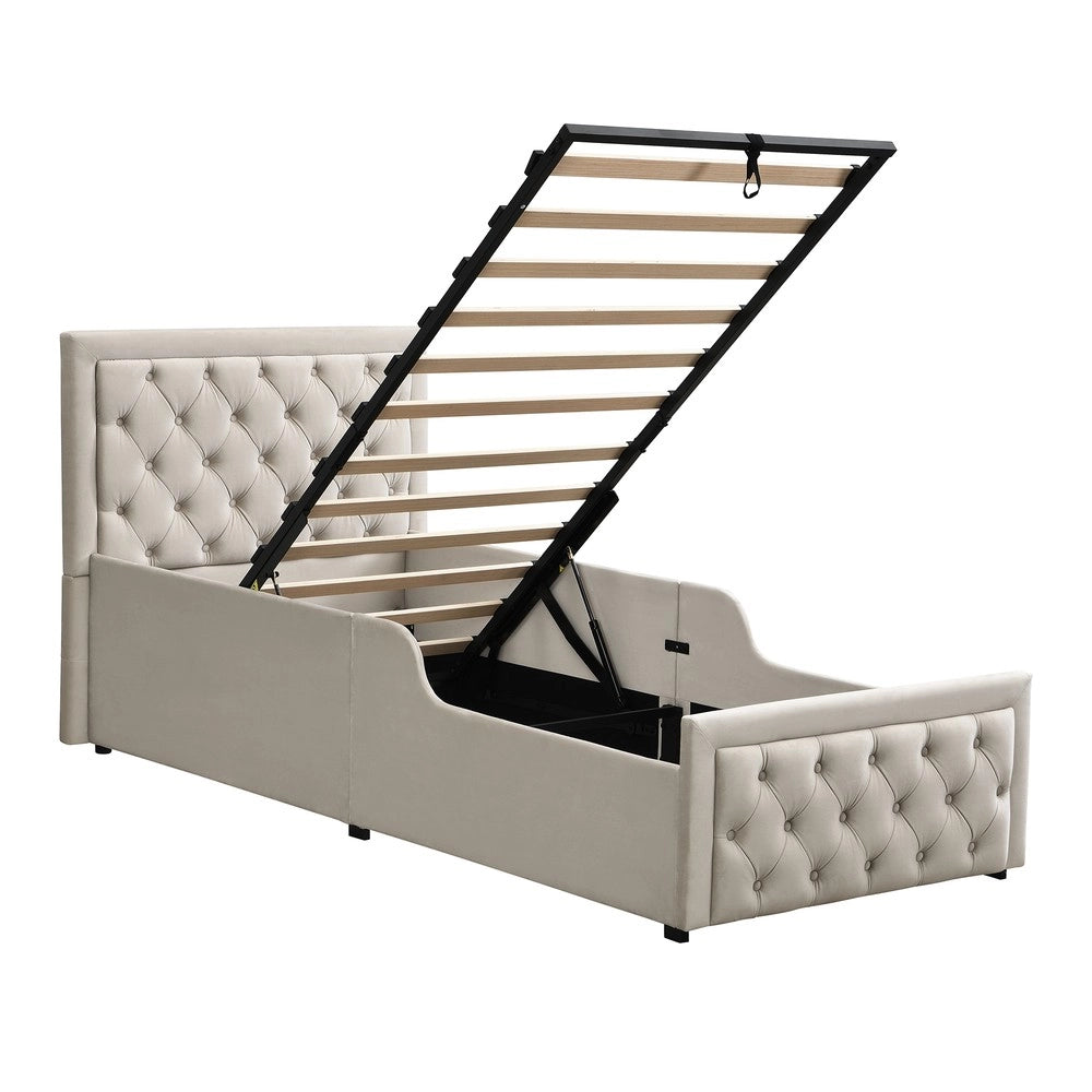Letto Singolo Imbottito Contenitore ¨C Xylo ¨C Velluto Beige 90x200 con Rete a Doghe