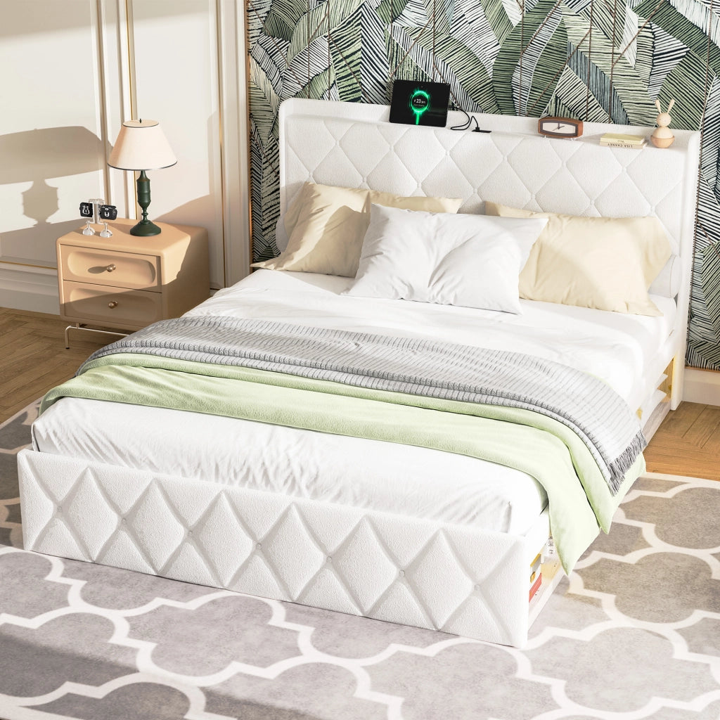 Letto imbottito 140 × 200 cm con USB, LED, 6 cassetti, ripiano testiera, senza materasso, bianco