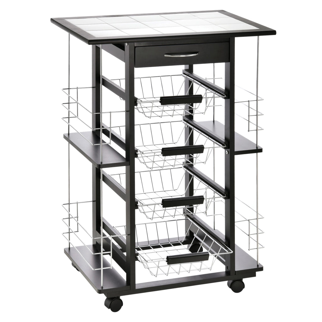 EasyComfort Carrello da Cucina con Cassetto, 4 Cesti di Frutta Estraibili e Piano in Ceramica, Carrello Cucina Salvaspazio con 4 Ripiani Laterali in Legno di Pino e Metallo, 57x37x83 cm, Nero