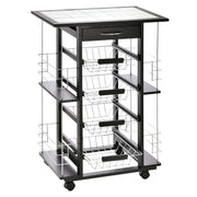 EasyComfort Carrello da Cucina con Cassetto, 4 Cesti di Frutta Estraibili e Piano in Ceramica, Carrello Cucina Salvaspazio con 4 Ripiani Laterali in Legno di Pino e Metallo, 57x37x83 cm, Nero