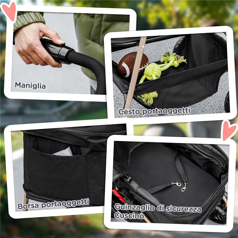 PASSEGGINO PER CANI 3 IN 1 PIEGHEVOLE CON BORSA TRASPORTINO E CESTINO INFERIORE NERO