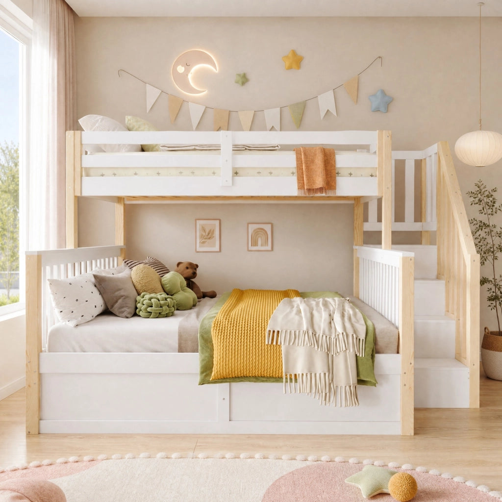 DESMIU Letto a castello 2 posti 90 × 200 cm e 140 × 200 cm con scala contenitore, vano idraulico, senza materasso